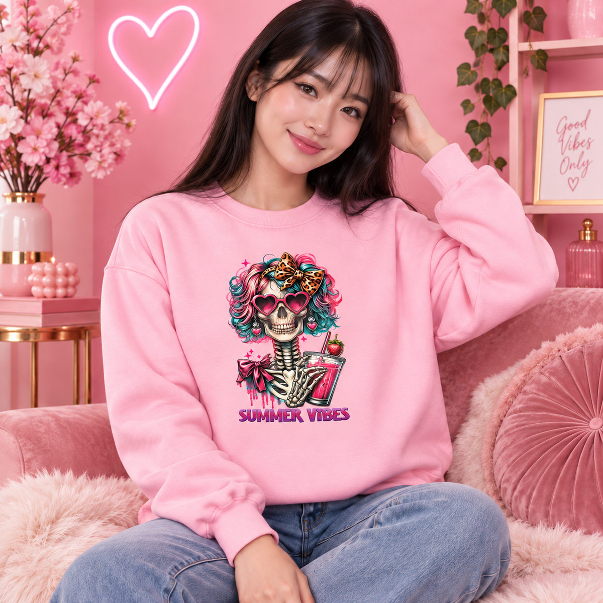 Summer Vibes women’s pink crewneck mockup