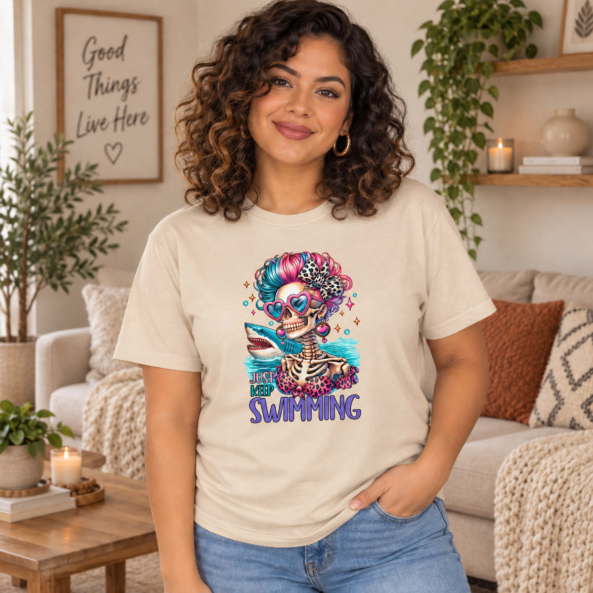 Just Keep Swimming women’s beige T-shirt mockup