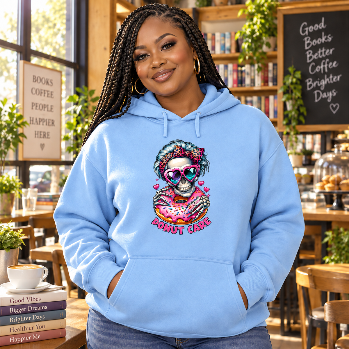 Donut Care women’s light-blue hoodie mockup