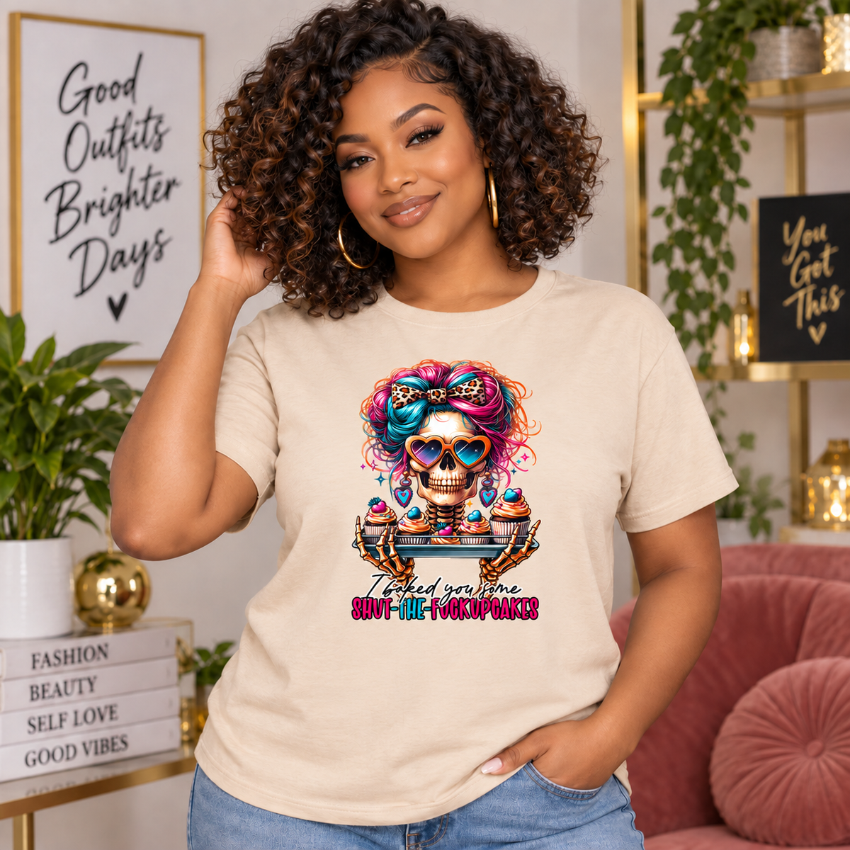 Shut-the-Fupcakes women’s pink crewneck mockup