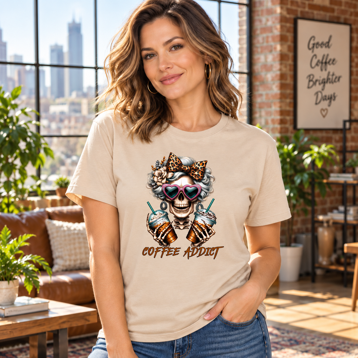Coffee Addict women’s light-blue hoodie mockup