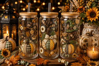 Cottage Patchwork Pumpkin Halloween Glass Can Tumbler – alternate lifestyle view
