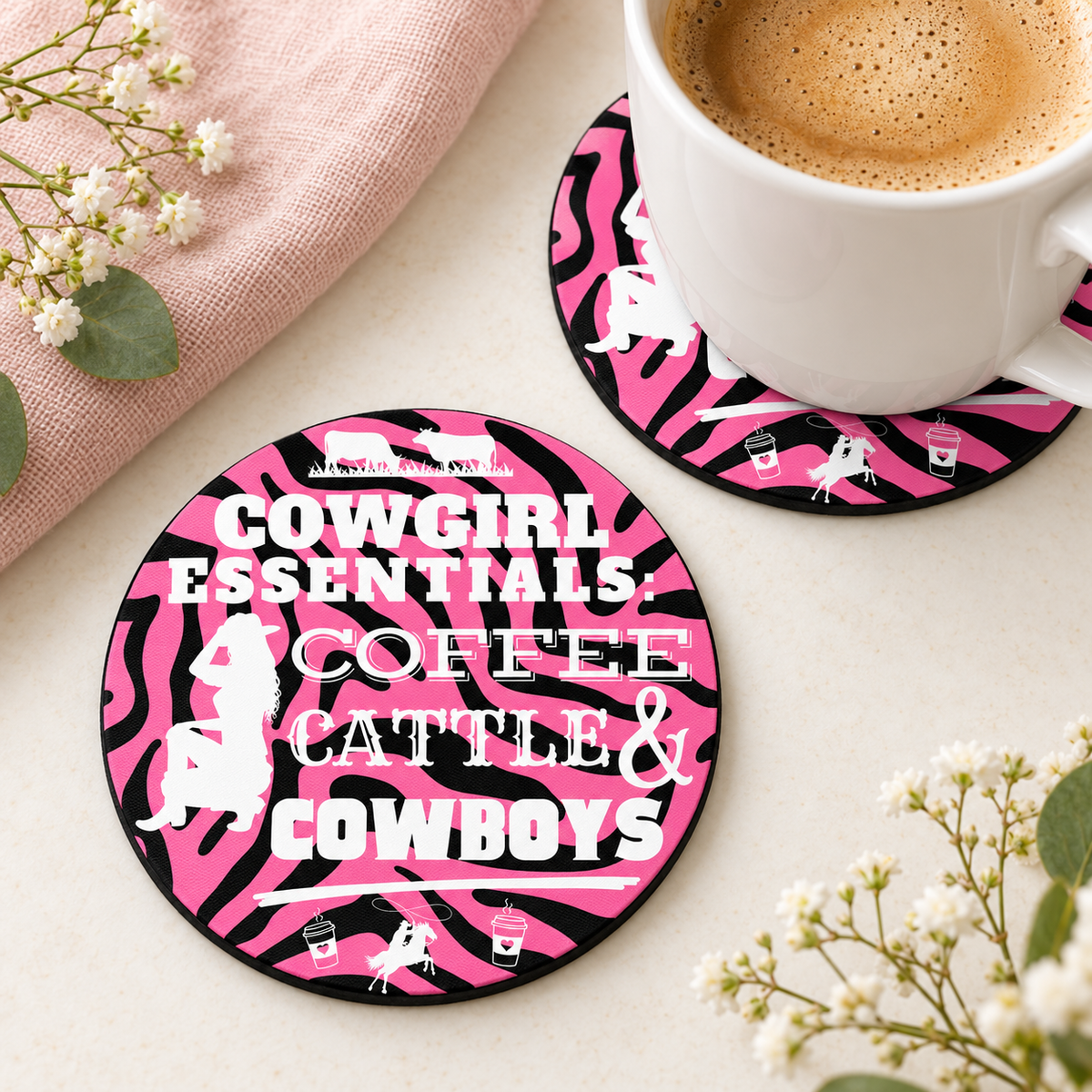 Cowgirl Essentials Coffee Cattle and Cowboys round coaster set of two with thin black rubber backing