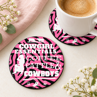 Cowgirl Essentials Coffee Cattle and Cowboys round coaster set of two with thin black rubber backing