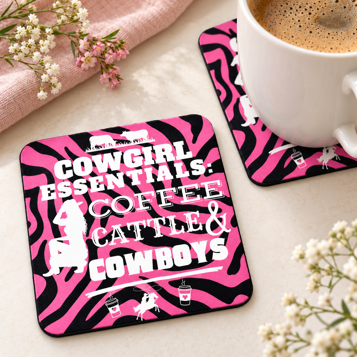 Cowgirl Essentials Coffee Cattle and Cowboys square coaster set of two with thin black rubber backing