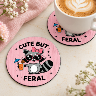 Cute But Feral Raccoon round coaster set of two with thin black rubber backing