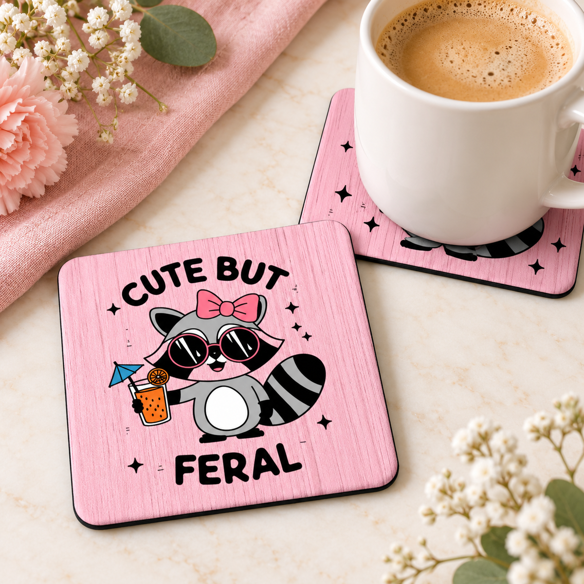 Cute But Feral Raccoon square coaster set of two with thin black rubber backing
