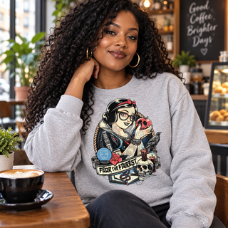 Woman wearing Fear the Fairest light-grey crewneck