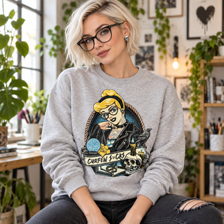 Woman wearing Curfew Sucks light-grey crewneck