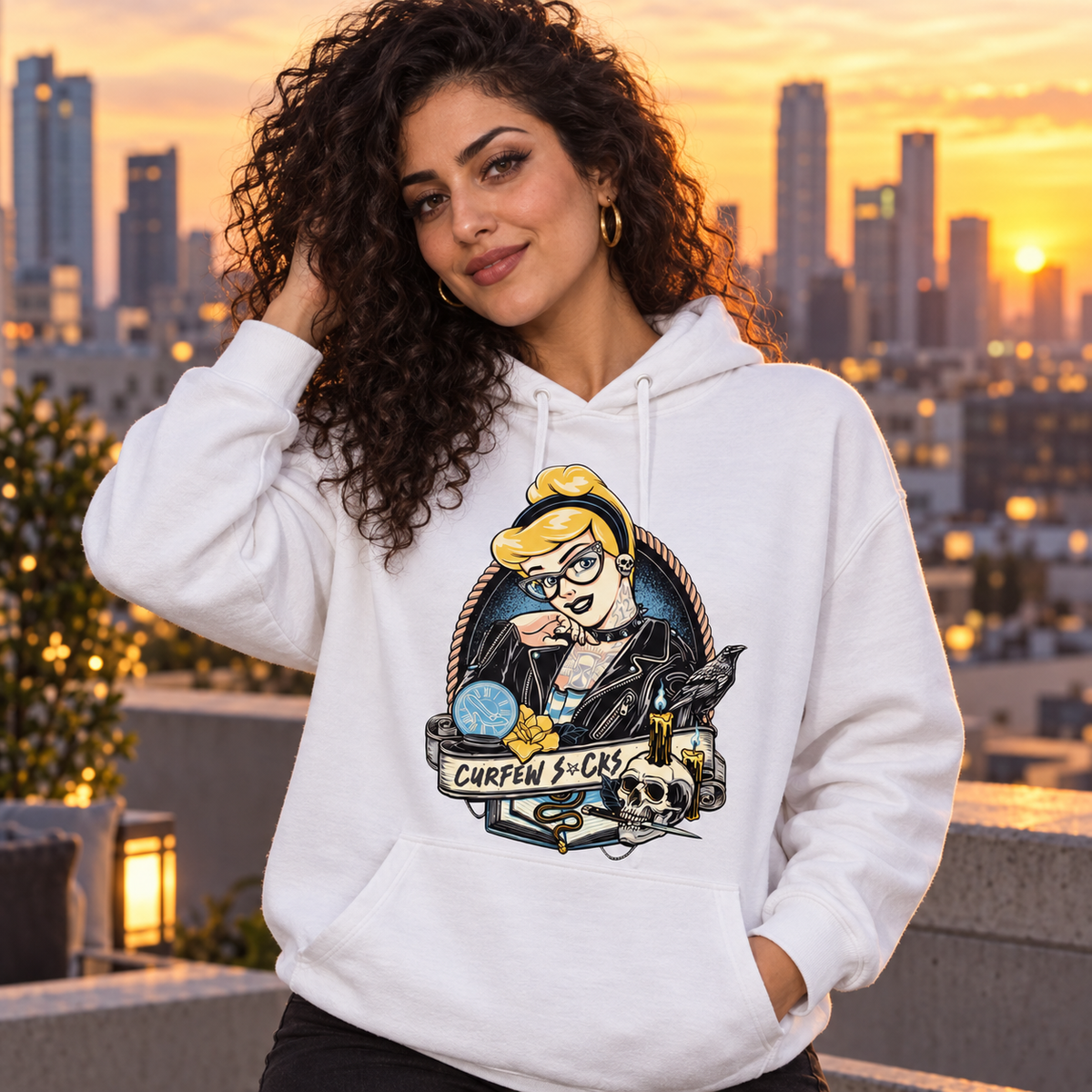 Woman wearing Curfew Sucks white hoodie