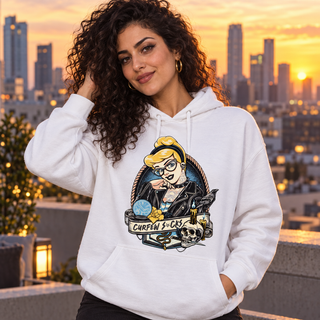 Woman wearing Curfew Sucks white hoodie