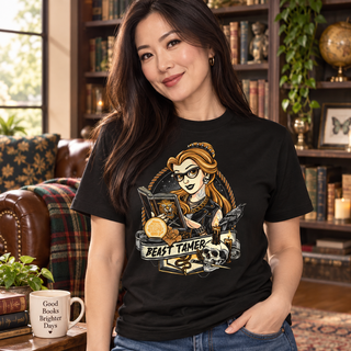 Woman wearing Beast Tamer black graphic T-shirt