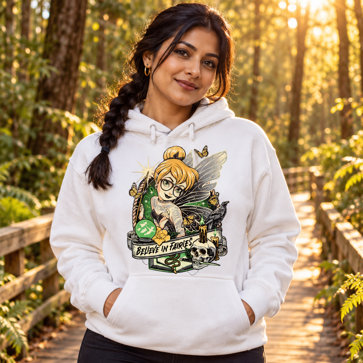 Woman wearing Believe in Fairies white hoodie