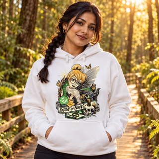 Woman wearing Believe in Fairies white hoodie