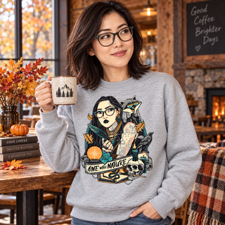 Woman wearing One with Nature light-grey crewneck