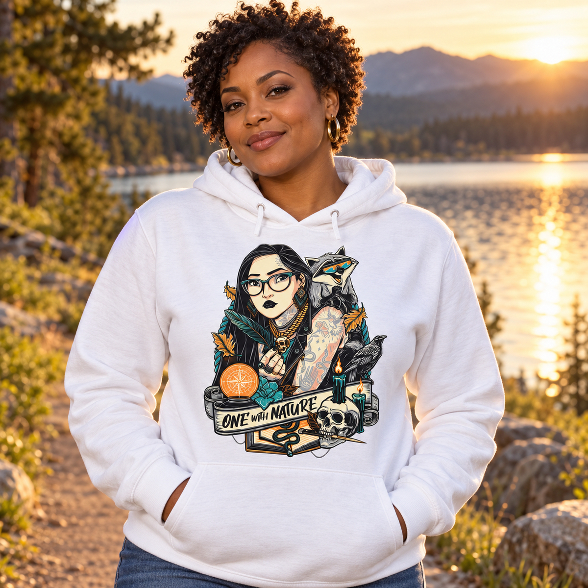 Woman wearing One with Nature white hoodie