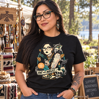 Woman wearing One with Nature black graphic T-shirt