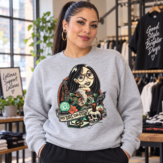Woman wearing This Girl Can Fight light-grey crewneck