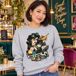 Woman wearing Make a Wish light-grey crewneck