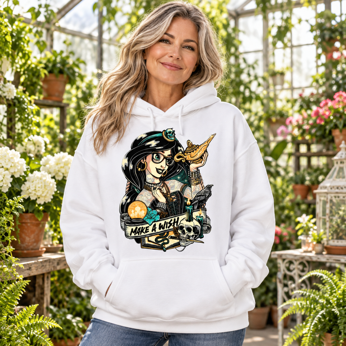 Woman wearing Make a Wish white hoodie