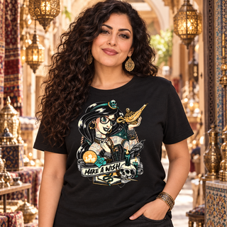 Woman wearing Make a Wish black graphic T-shirt