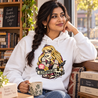 Woman wearing Sleepyhead white hoodie