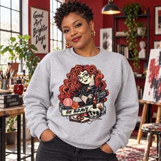 Woman wearing Be Brave light-grey crewneck