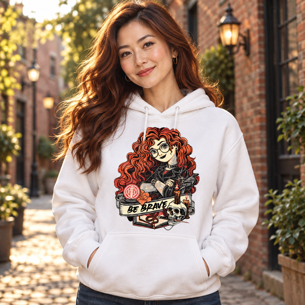 Woman wearing Be Brave white hoodie