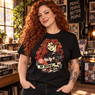 Woman wearing Be Brave black graphic T-shirt