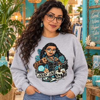Woman wearing Ocean Love light-grey crewneck