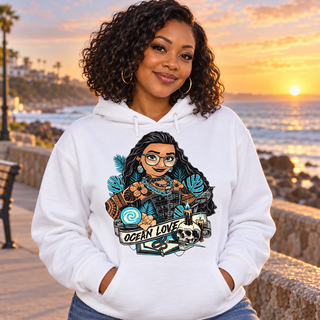 Woman wearing Ocean Love white hoodie