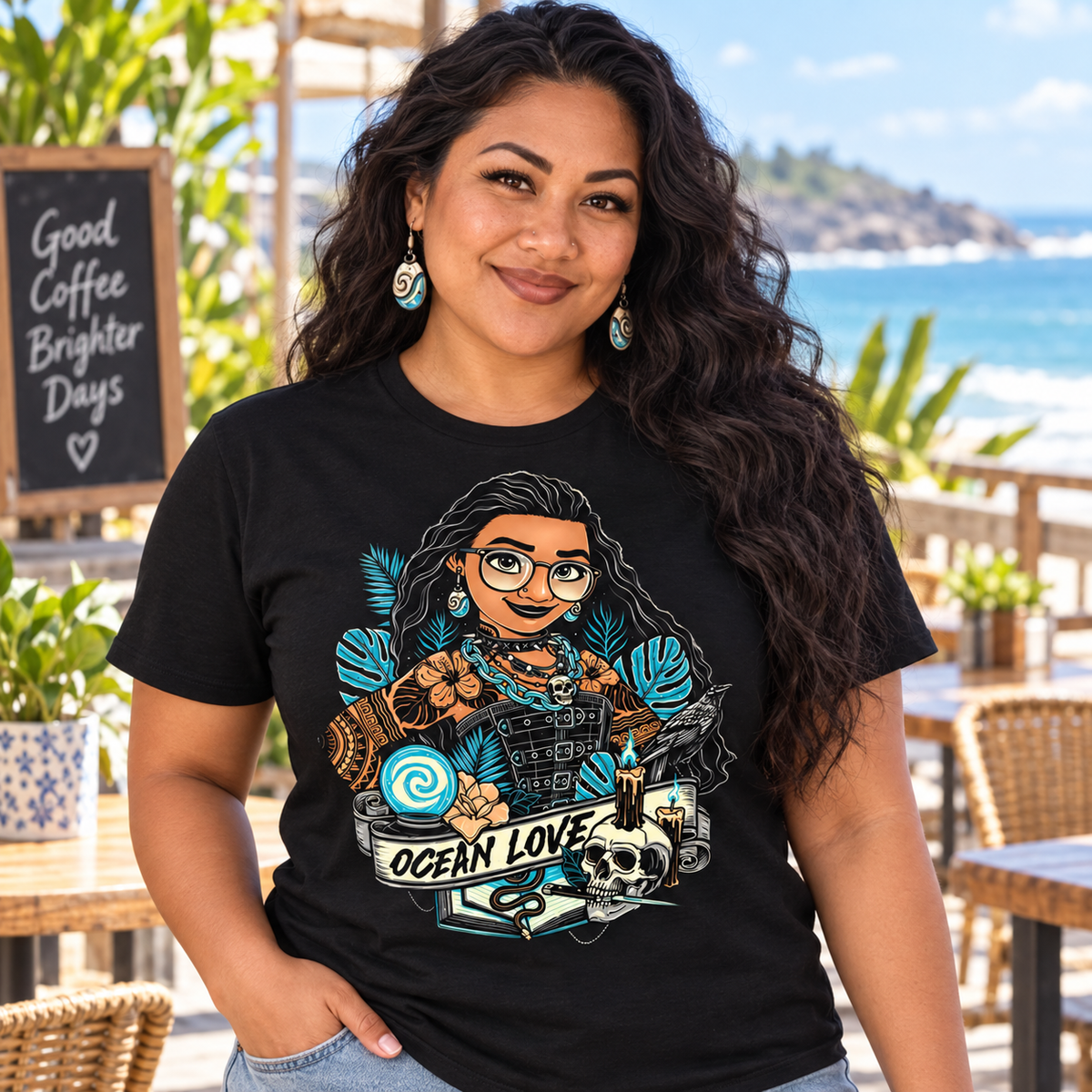 Woman wearing Ocean Love black graphic T-shirt