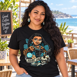 Woman wearing Ocean Love black graphic T-shirt