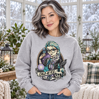 Woman wearing Cold as Ice light-grey crewneck