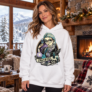 Woman wearing Cold as Ice white hoodie