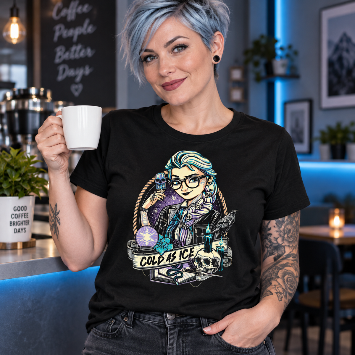 Woman wearing Cold as Ice black graphic T-shirt