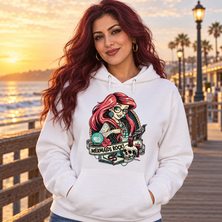 Woman wearing Mermaids Rock white hoodie