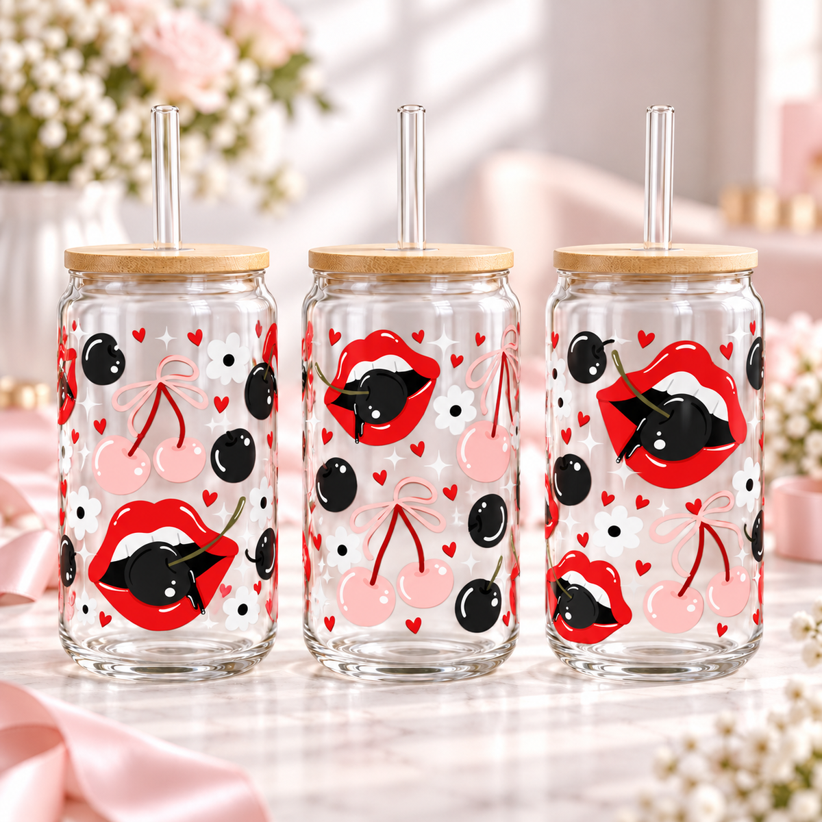 Dark Cherry Lips & Pink Bows clear 16oz glass can — three views; listing includes one cup