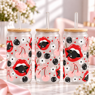 Dark Cherry Lips & Pink Bows frosted 16oz glass can — three views; listing includes one cup