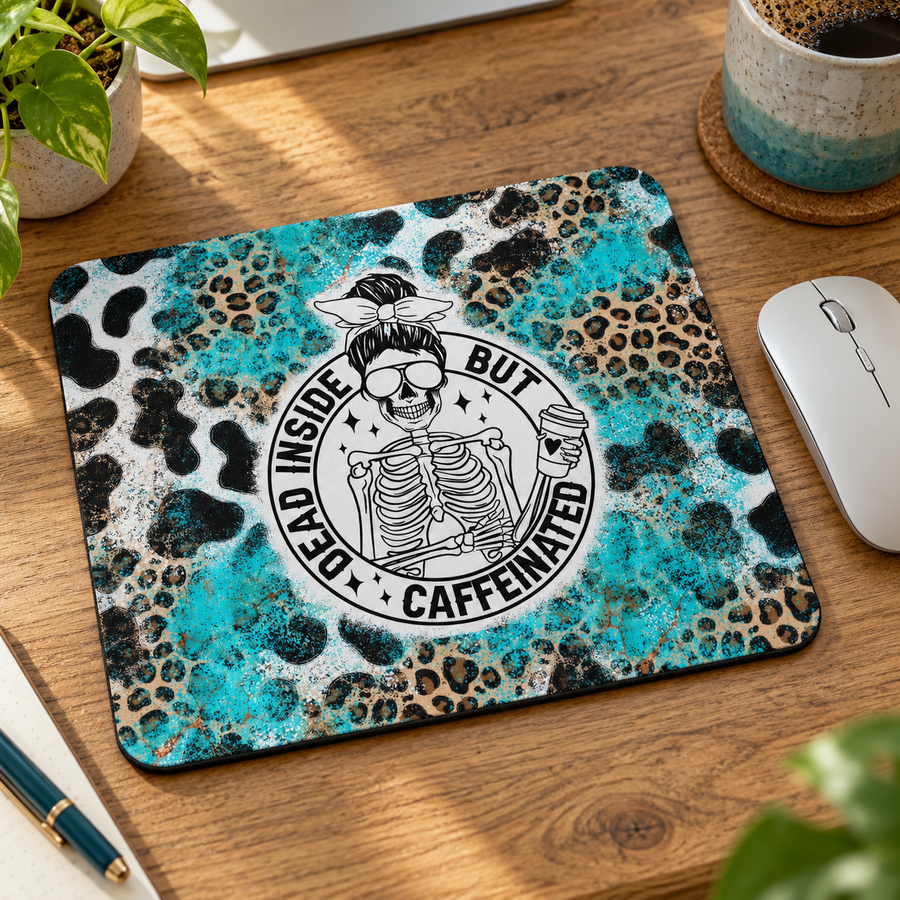 Dead Inside But Caffeinated Mouse Pad – Funny Skeleton Coffee Decor