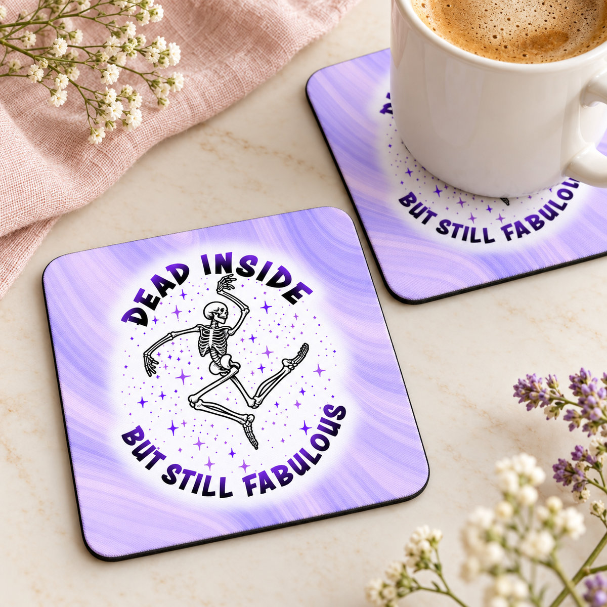 Dead Inside But Still Fabulous square coaster set of two with thin black rubber backing