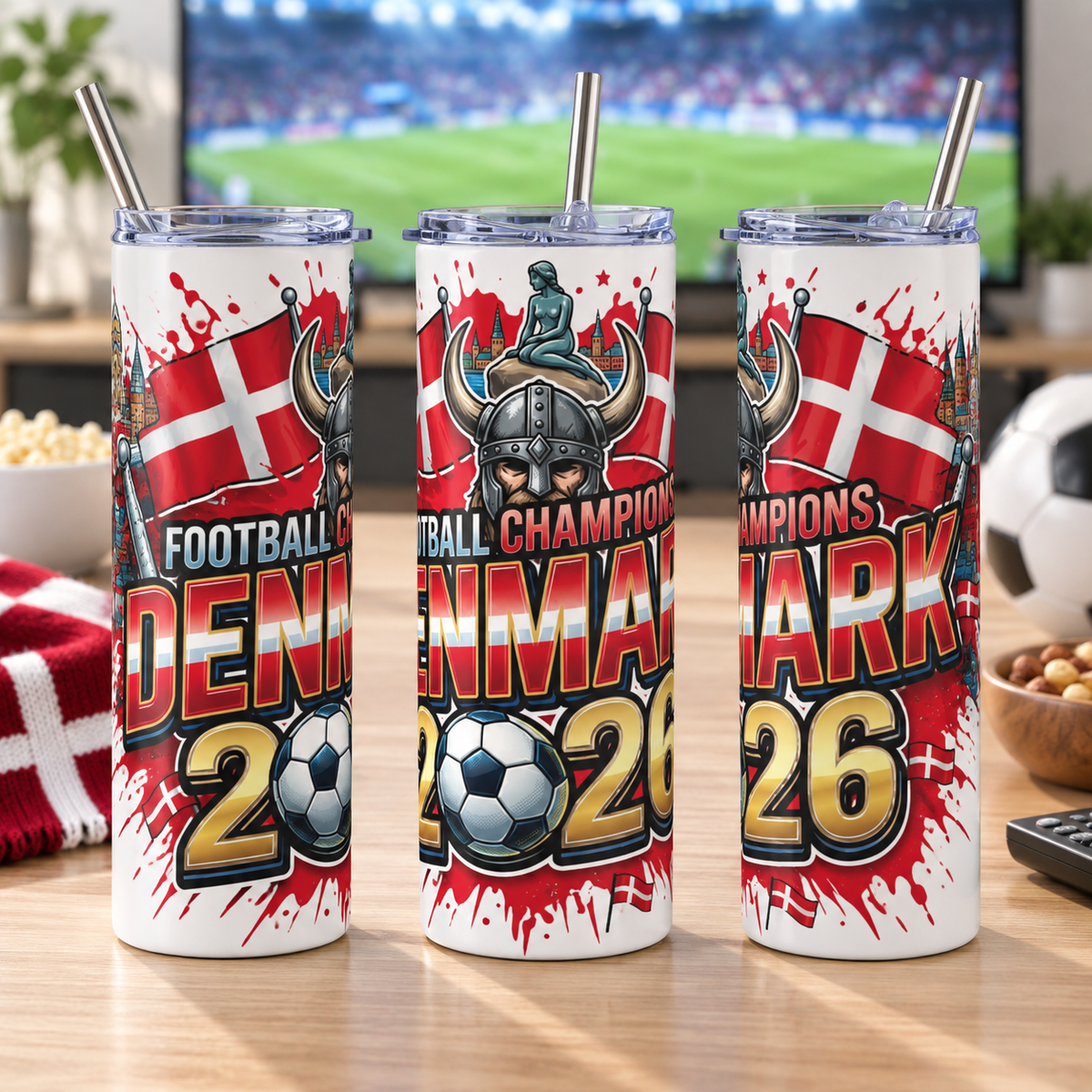 Denmark 2026 Football Tumbler – Insulated Soccer Fan Cup – three-tumbler realistic lifestyle mockup