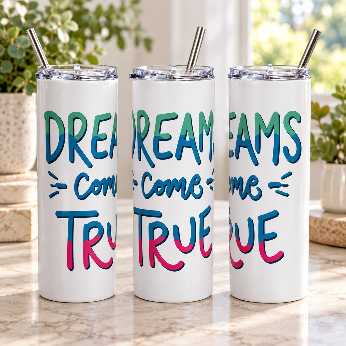 Dreams Come True 20oz Skinny Tumbler – three-tumbler realistic lifestyle mockup