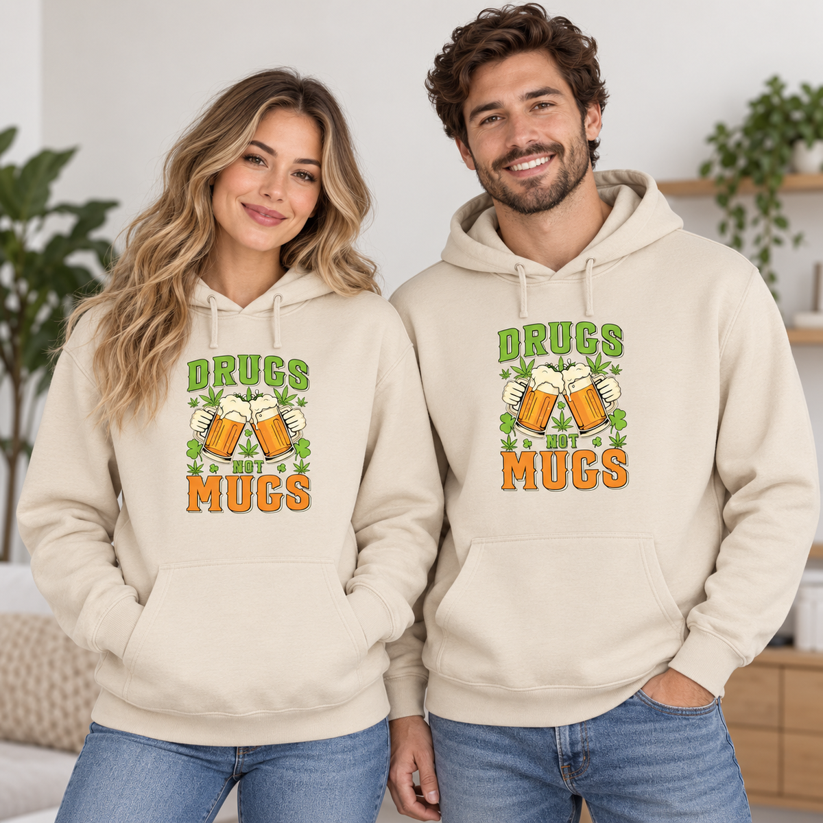Drugs Not Mugs Graphic Apparel on Beige Hoodie