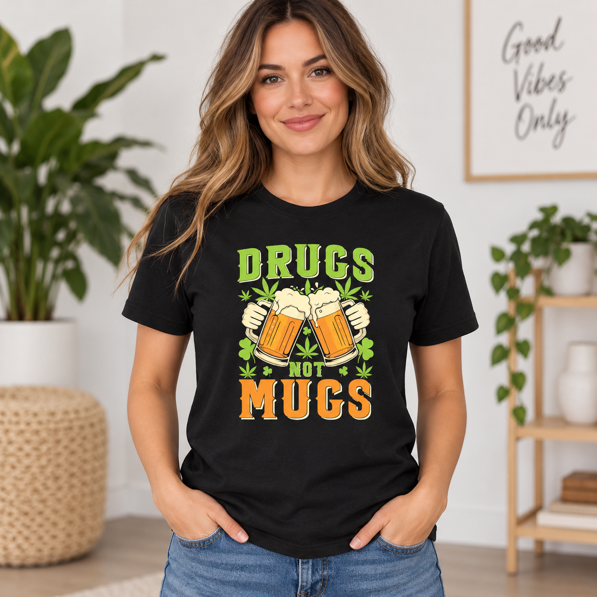 Drugs Not Mugs Graphic Apparel on Black T-Shirt