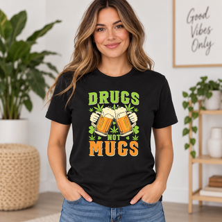 Drugs Not Mugs Graphic Apparel on Black T-Shirt