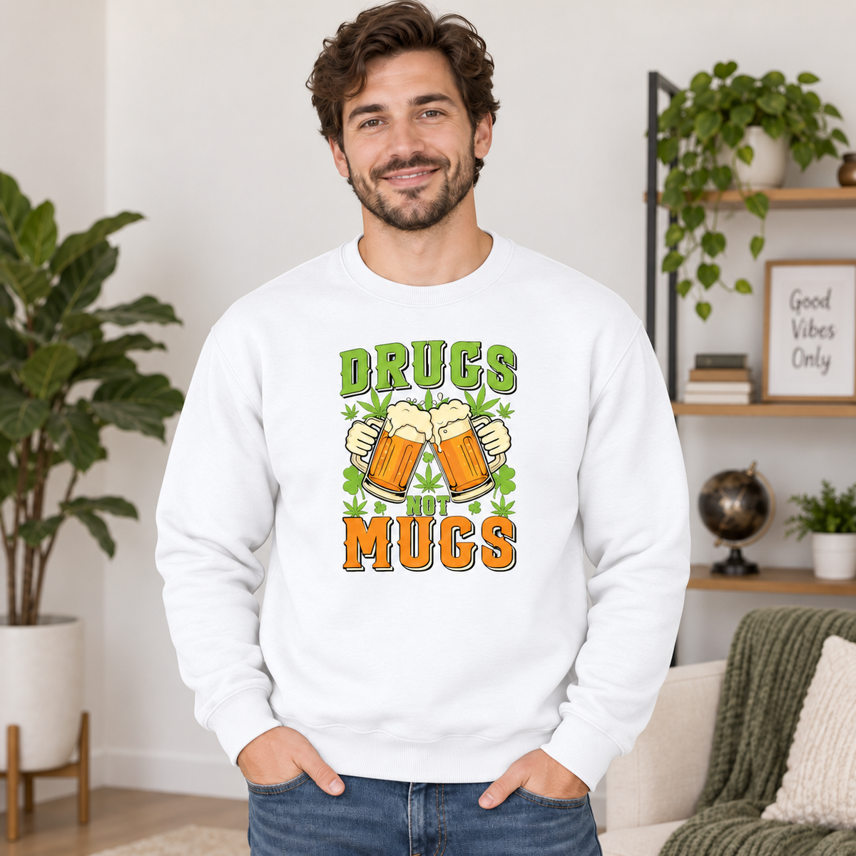 Drugs Not Mugs Graphic Apparel on White Crewneck