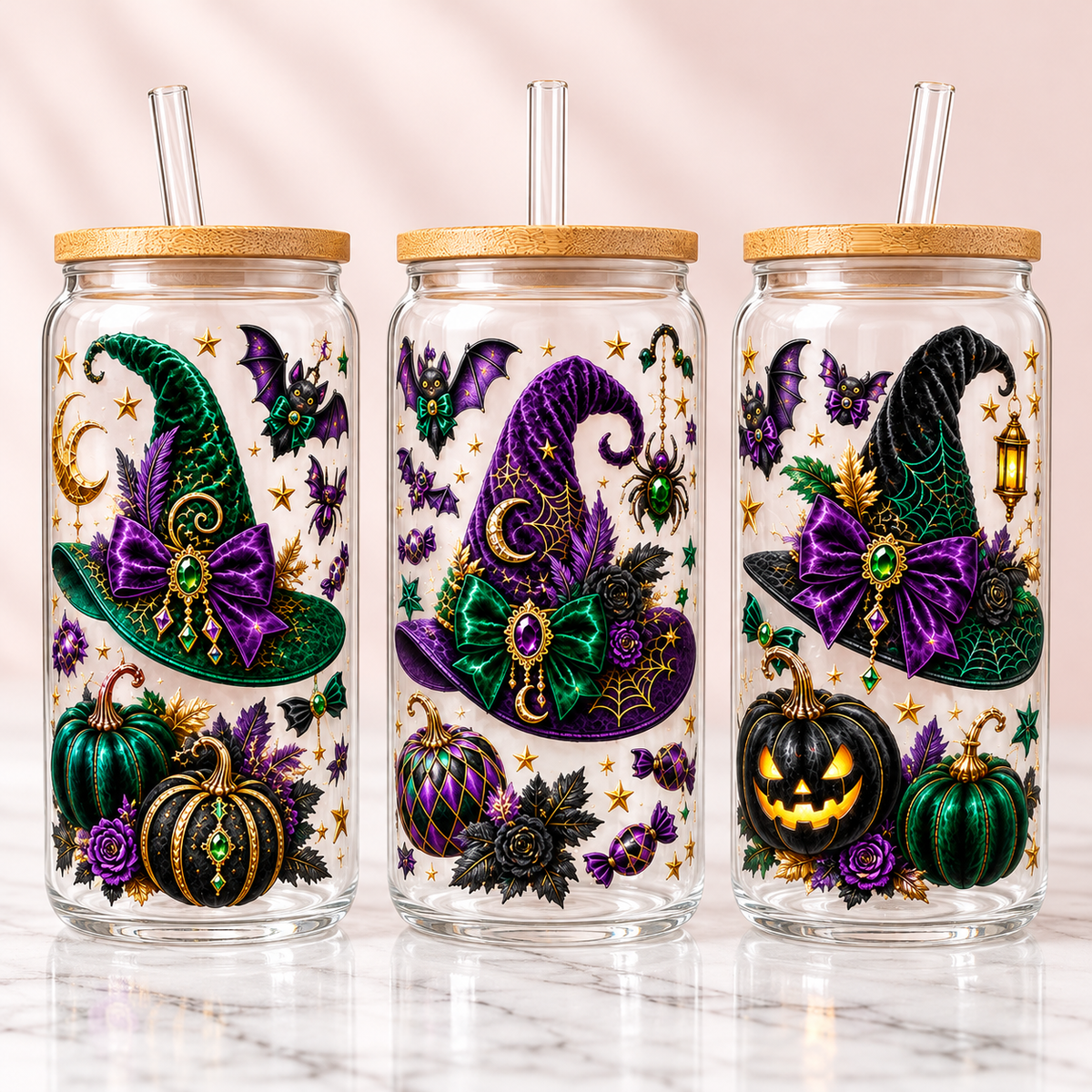 Emerald & Purple Jeweled Witch Halloween Glass Can Tumbler — clear; complementary views of one product