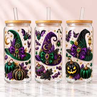 Emerald & Purple Jeweled Witch Halloween Glass Can Tumbler — clear; complementary views of one product