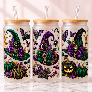 Emerald & Purple Jeweled Witch Halloween Glass Can Tumbler — frosted; complementary views of one product